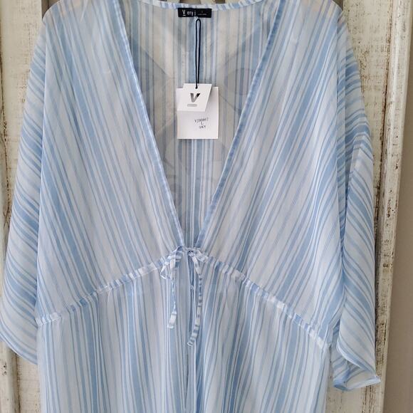 Very J Resort Sheer Stripe Tie Front Swimsuit Coverup Kimono Top in Blue & White - Picture 7 of 11